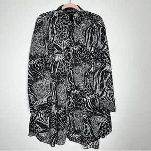 Ali Miles Black and Grey Animal Floral Print Blouse Semi Sheer Lagenlook 2X